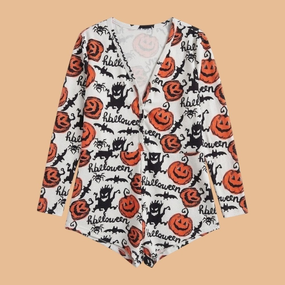 Halloween Print Long Sleeve V-Neck Button Front Bodysuit White Orange 1XL